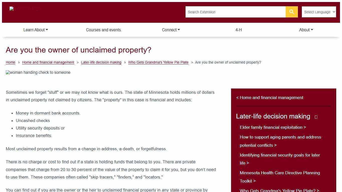 Are you the owner of unclaimed property? | UMN Extension